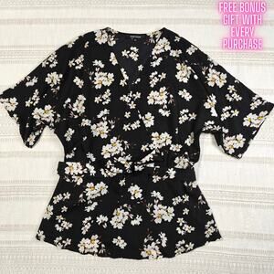 Pure Sugar Black Floral V‑Neck Tie‑Waist Top Size L NEW